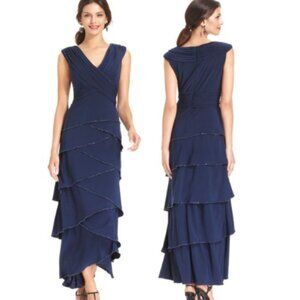PATRA Navy Jersey Sleeveless Tiered Beaded Formal Evening Gown, Size 24W